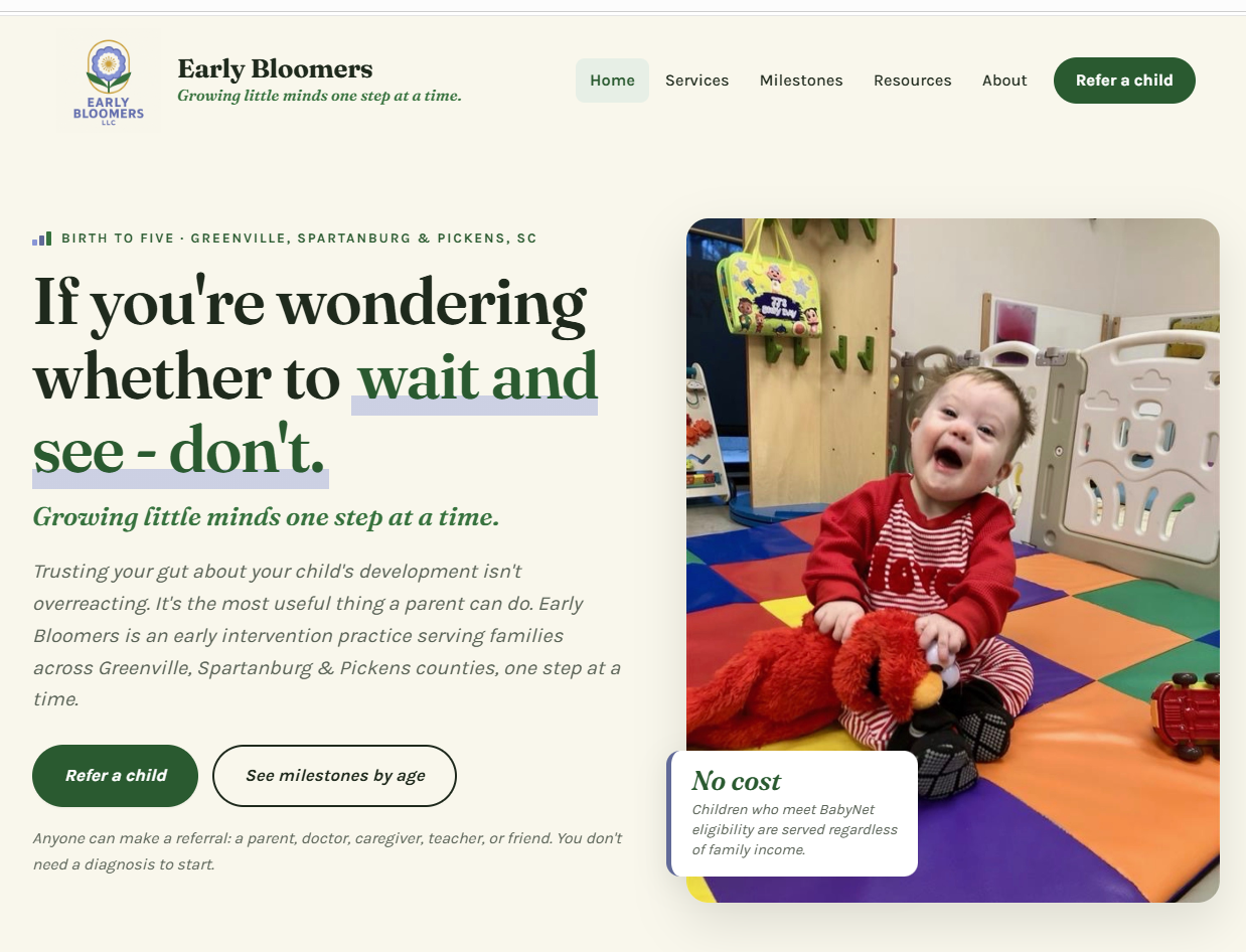 Early Bloomers homepage, built by WB3 Ventures